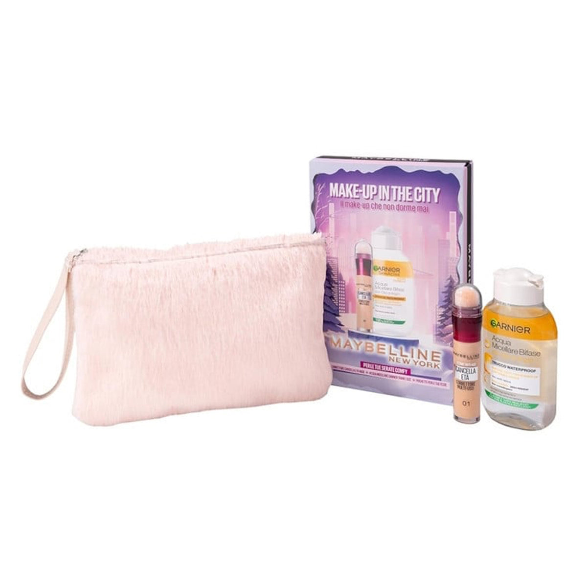 MAYBELLINE NEW YORK POCCHETTE FLUFFY+CORRETTORE MULTI-USO 01+ACQUA MICCELLARE